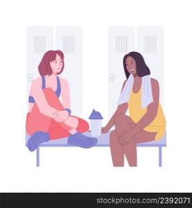 Socialization isolated cartoon vector illustrations. Attractive girls talking in the gym locker room, discussing plans after workout training, fitness activity break vector cartoon.. Socialization isolated cartoon vector illustrations.