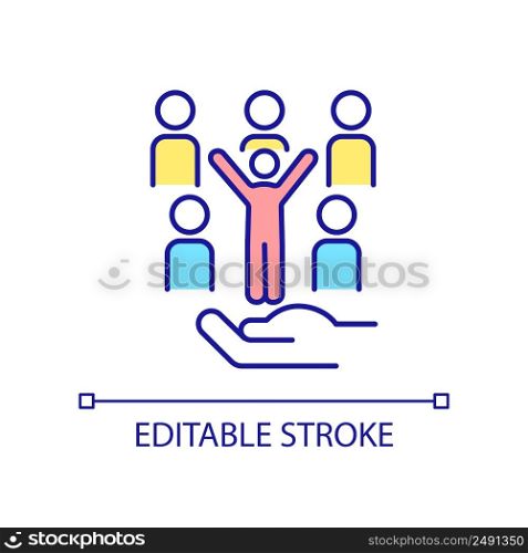 Socialization RGB color icon. Adjust to group of people. Community and team. Organization membership. Isolated vector illustration. Simple filled line drawing. Editable stroke. Arial font used. Socialization RGB color icon