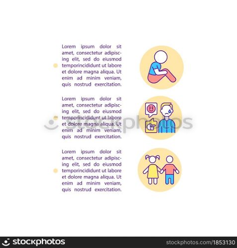 Socialization struggles concept line icons with text. PPT page vector template with copy space. Brochure, magazine, newsletter design element. Prevent problem linear illustrations on white. Socialization struggles concept line icons with text
