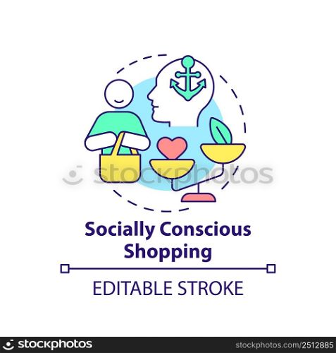 Socially conscious shopping concept icon. Customer behavior trend abstract idea thin line illustration. Isolated outline drawing. Editable stroke. Arial, Myriad Pro-Bold fonts used. Socially conscious shopping concept icon
