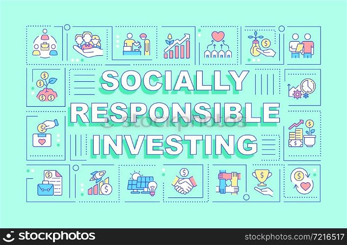 Socially responsible investing word concepts banner. Social business. Infographics with linear icons on green background. Isolated creative typography. Vector outline color illustration with text. Socially responsible investing word concepts banner