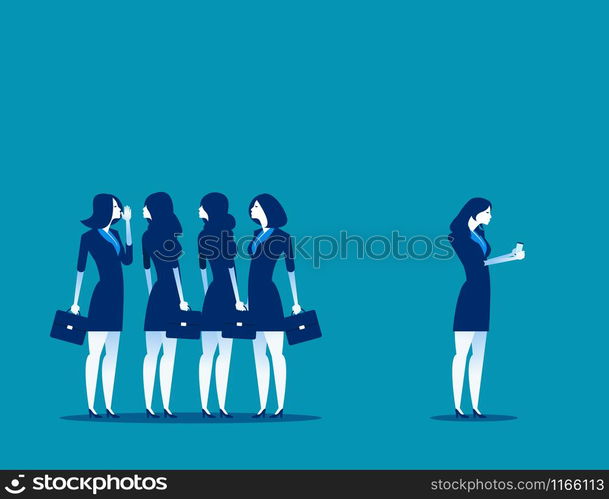 Society at work. Business person separated from the group of friends to using phone. Concept business vector illustration.