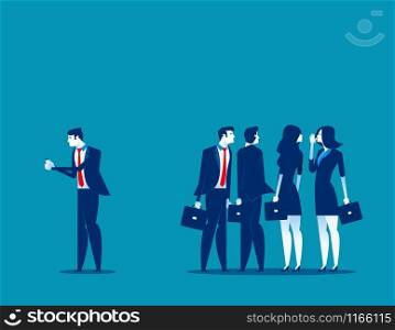 Society at work. Business person separated from the group of friends to using phone. Concept business vector illustration.