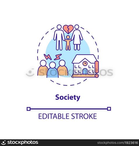 Society concept icon. ADHD cause abstract idea thin line illustration. Changes in brain structure. Child with traumatic experiences. Vector isolated outline color drawing. Editable stroke. Society concept icon