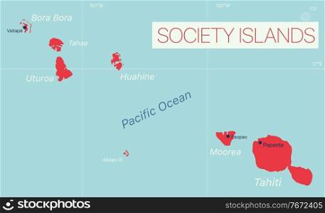 Society Islands detailed editable map with cities and towns, geographic sites. Vector EPS-10 file. Society Islands detailed editable map