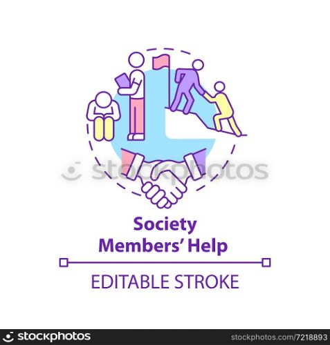 Society members help concept icon. Social entrepreneurship benefits abstract idea thin line illustration. Supporting group of people. Vector isolated outline color drawing. Editable stroke. Society members help concept icon