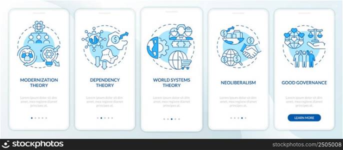Society theories blue onboarding mobile app screen. Global process walkthrough 5 steps graphic instructions pages with linear concepts. UI, UX, GUI template. Myriad Pro-Bold, Regular fonts used. Society theories blue onboarding mobile app screen