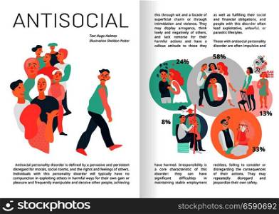 Sociopathy infographics book pages with statistics for emotional immunity, aggressive behavior, problems with intimacy vector illustration  . Sociopathy Infographics Book Pages