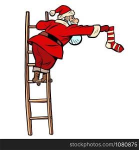 sock gift. Santa Claus character Christmas new year. Comic cartoon pop art retro vector illustration drawing. sock gift. Santa Claus character Christmas new year