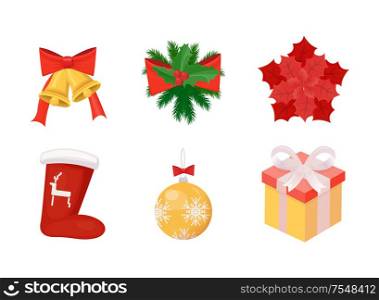 Sock with print if reindeer and bells mistletoe and star ball and present vector. Isolated icons of celebration Christmas holidays box with surprise bauble. Sock and bells mistletoe and star ball and present