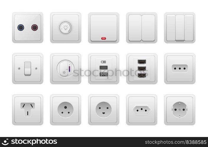 Socket and switch. Realistic AC power equipment, electric current wall socket of different types, European and USA. Vector isolated set. Connectors for various plugs, connecting to circuit. Socket and switch. Realistic AC power equipment, electric current wall socket of different types, European and USA. Vector isolated set