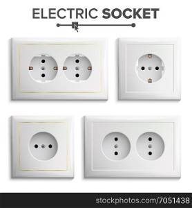 Socket Isolated Set Vector. White Double Grounded Power Switch. Plastic Panel. Electrical Outlet. Realistic Illustration. Electric Socket Vector. Plastic Standard Panel. Brick Wall. Realistic Illustration