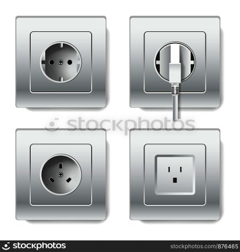 Sockets and electric plug outlets vector 3D realistic icons of different plug types with two or three inlets and grounding. Sockets and electric plugs vector 3D cions