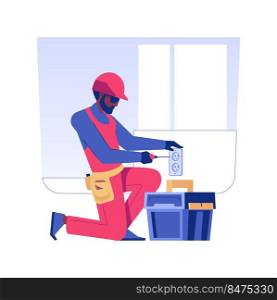 Sockets installation isolated concept vector illustration. Repairman installing a socket using a screwdriver, domestic electrician, private house building, interior works vector concept.. Sockets installation isolated concept vector illustration.