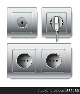 Sockets types or electric outlets for plug. Vector 3D isolated realistic socket and cable input with different connection inlet for phone, tv or internet cable or device plugged. Socket electirc outlets and cable power inlets vector 3D isolated icons