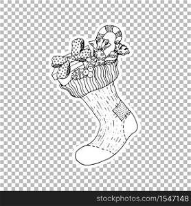 Socking Gift Sticker vector linear illustration. Winter hand drawn clipart. Black and white sticker on transparent background. Christmas, New Year decoration. Coloring book isolated design element. Socking Gift ticker ornate illustration