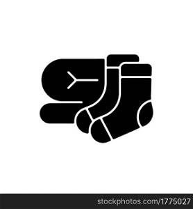 Socks and blanket black glyph icon. Portable amenities for camping comfort. Essential things for tourist. Travel size objects. Silhouette symbol on white space. Vector isolated illustration. Socks and blanket black glyph icon