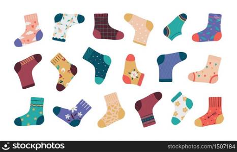 Socks. Cartoon fashion socks isolated set, funny doodle footwear with simple pattern and different stylish elements. Vectors illustration collection trendy apparel for kids. Socks. Cartoon fashion socks isolated set, funny doodle footwear with simple pattern and different stylish elements. Vectors trendy apparel