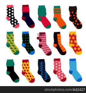 Socks in cartoon style. Elements of kids clothes. Vector illustrations isolate Kids sock warm with colored pattern. Socks in cartoon style. Elements of kids clothes. Vector illustrations isolate