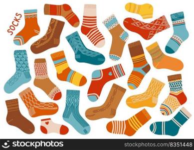 Socks set different colors and sizes knitted flat design autumn vector illustration