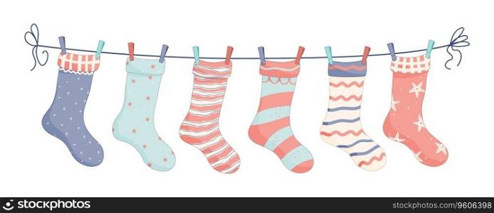Socks with textures and patterns with colored clothespins. Vector illustration.. Socks with textures and patterns with colored clothespins. Vector illustration