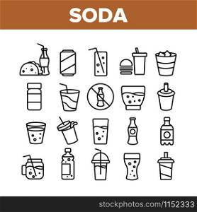 Soda Aqua Beverage Collection Icons Set Vector Thin Line. Soda Bottle And In Glass Cup, With Tube And Ice Cubes, Tacos And Hamburger Concept Linear Pictograms. Monochrome Contour Illustrations. Soda Aqua Beverage Collection Icons Set Vector