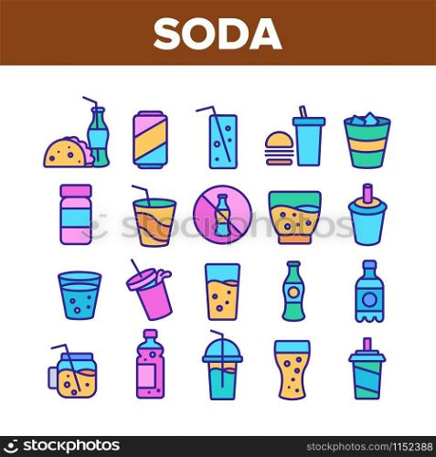 Soda Aqua Beverage Collection Icons Set Vector Thin Line. Soda Bottle And In Glass Cup, With Tube And Ice Cubes, Tacos And Hamburger Concept Linear Pictograms. Color Illustrations. Soda Aqua Beverage Collection Icons Set Vector