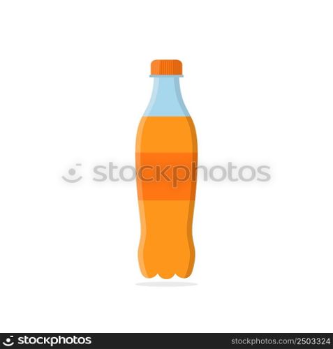 Soda bottle. Orange soda with beverage. Plastic or glass bottle with soda, water and juice. Flat cartoon icon for drink. Orange juice. Vector.
