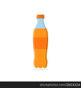 Soda bottle. Orange soda with beverage. Plastic or glass bottle with soda, water and juice. Flat cartoon icon for drink. Orange juice. Vector.