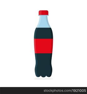 Soda bottle. Plastic bottle with drink. Icon of cola. Red fizzy drink caffeine and sugar. Black cold soft water. Beverage in container with cap. Logo for cool kola isolated on white background. Vector. Soda bottle. Plastic bottle with drink. Icon of cola. Red fizzy drink caffeine, sugar. Black cold soft water. Beverage in container with cap. Logo for cool kola isolated on white background. Vector.