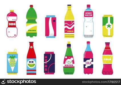Soda bottles. Cartoon fizzy sweet drinks with juice flavors in glass and plastic containers. Metal cans for summer cold carbonated beverages. Supermarket products. Vector closed water packaging set. Soda bottles. Cartoon fizzy sweet drinks with juice flavors in glass and plastic containers. Metal cans for cold carbonated beverages. Supermarket products. Vector closed packaging set