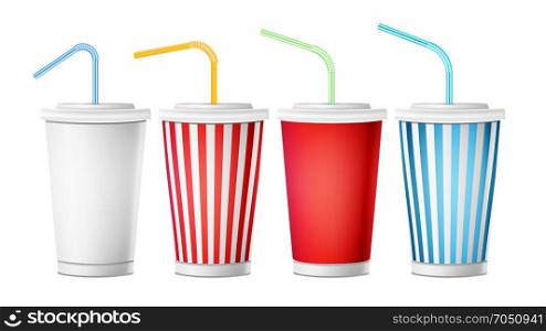 Soda Cup Template Vector. 3d Realistic Paper Disposable Cups Set For Beverages With Drinking Straw. Isolated On White Background. Packaging Illustration. Soda Cup Template Vector. 3d Realistic Paper Disposable Cups Set For Beverages With Drinking Straw. Isolated On White Background. Packaging