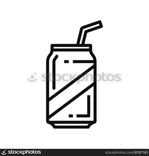 Soda drink in can bottle with straw isolated linear icon. Vector juice in tin container, fastfood takeaway beverage thin line. Hand drawn cola with straw in aluminium cap, takeout refreshment drink. Takeaway drink in can, lid and straw outline icon