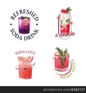 Soda drink logo design watercolor vector illustration