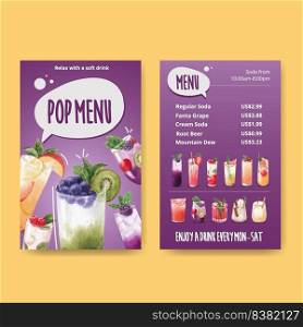 Soda drink menu leaflet and brochure watercolor vector illustration 