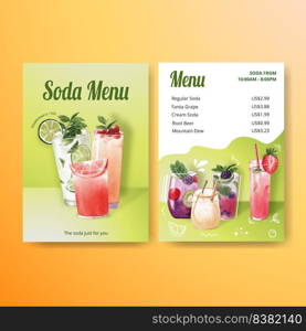 Soda drink menu template for cafe and bistro watercolor vector illustration