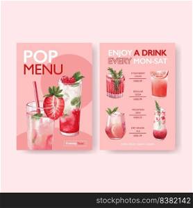 Soda drink menu template for cafe and bistro watercolor vector illustration