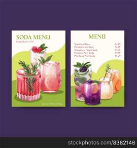 Soda drink menu template for cafe and bistro watercolor vector illustration