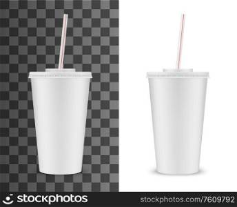 soda drink plastic cup with striped drinking straw, vector realistic 3d white disposable package mockup. Soda, juice or ice tea fastfood soft drinks and beverage plastic cup with closed lid. Realistic plastic or paper cup, soda drink straw