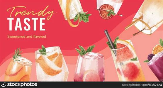 Soda drink with twister template design for online marketing watercolor vector illustration
