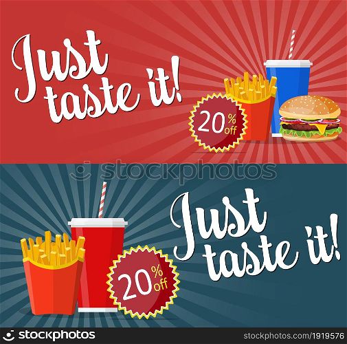 Soda in red paper cup, cheeseburger and french fries in a paper box. banner with fast food for a site or advertisement. Vector illustration in flat style. fast food banner