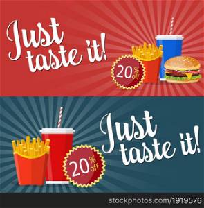 Soda in red paper cup, cheeseburger and french fries in a paper box. banner with fast food for a site or advertisement. Vector illustration in flat style. fast food banner