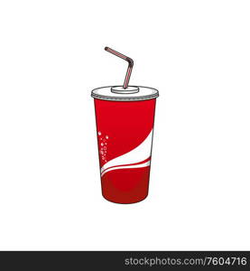 Soda or cola drink in disposable plastic cup with cover and straw isolated. Vector glass of juice. Cola or soda drink in glass isolated paper cup