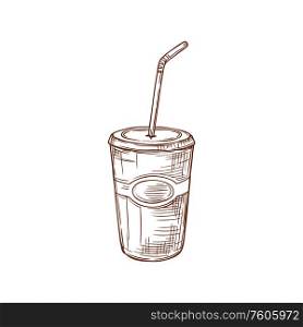 Soda or cola drink isolated monochrome sketch. Vector hand drawn plastic disposable cup with straw. Cup of cola soda drink with straw isolated sketch