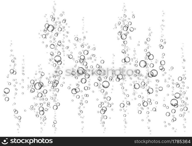 Soda pop. Ch&agne. Effervescent drink. Fizz. Underwater fizzing air, water or oxygen  bubbles on white  background. Fizzy sparkles in sea, aquarium.  Undersea vector texture.