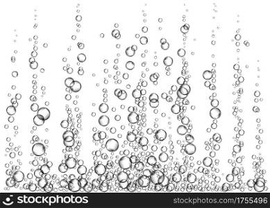 Soda pop. Underwater fizzing air bubbles on white background. Fizzy sparkles in water, sea, aquarium, ocean. Effervescent drink. Undersea vector texture.