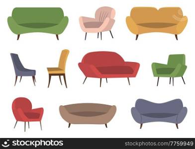 Sofa and chair set . Living room furniture design concept modern home interior element flat vector. Contemporary furniture home office isolated on white. Modern sofa with soft cloth upholstery. Sofa and chair set . Living room furniture design concept modern home interior element isolated