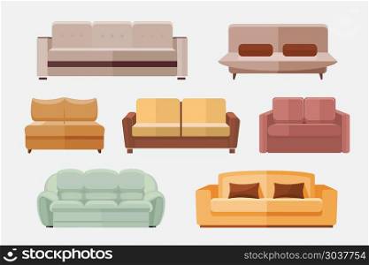 Sofa and couches furniture flat vector icons set. Sofa and couches furniture flat vector icons set. Furniture sofa for home interior. Set of icon sofa for room illustration