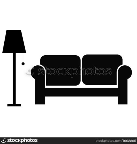 sofa and lamp icon on white background. symbol of living room. home sign. flat style.