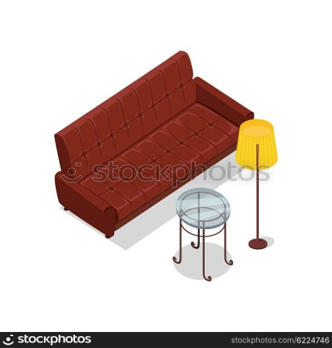 Sofa and lamp isometric design. Furniture isometric, interior brown sofa and lamp, room living furniture, house furniture, 3d domestic furniture and detail model vector illustration
